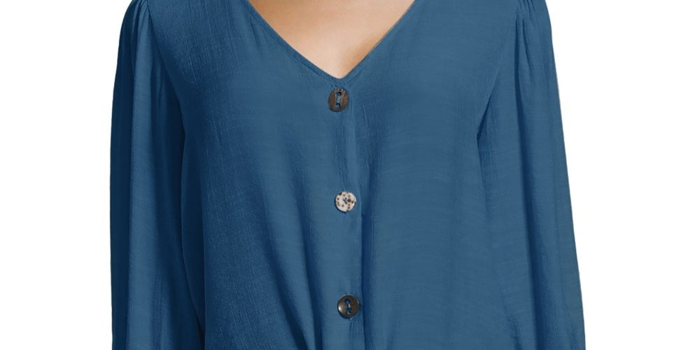 John Paul Richard Tie Women's Front Blouse With Button Front Blue Size Large
