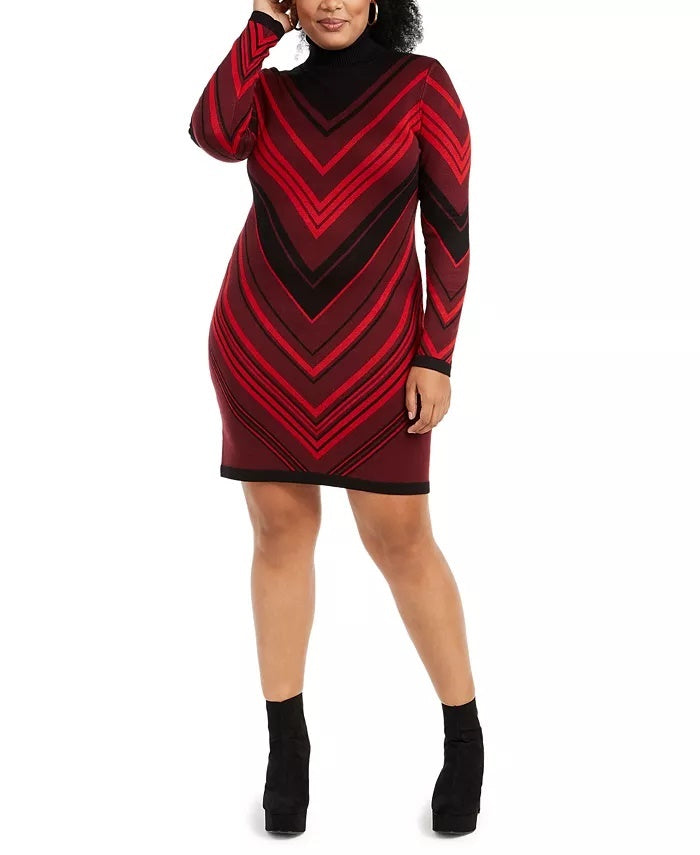 Planet Gold Women's Chevron Long Sleeve Cowl Neck Above The Knee Sheath Dress Red Size 3X
