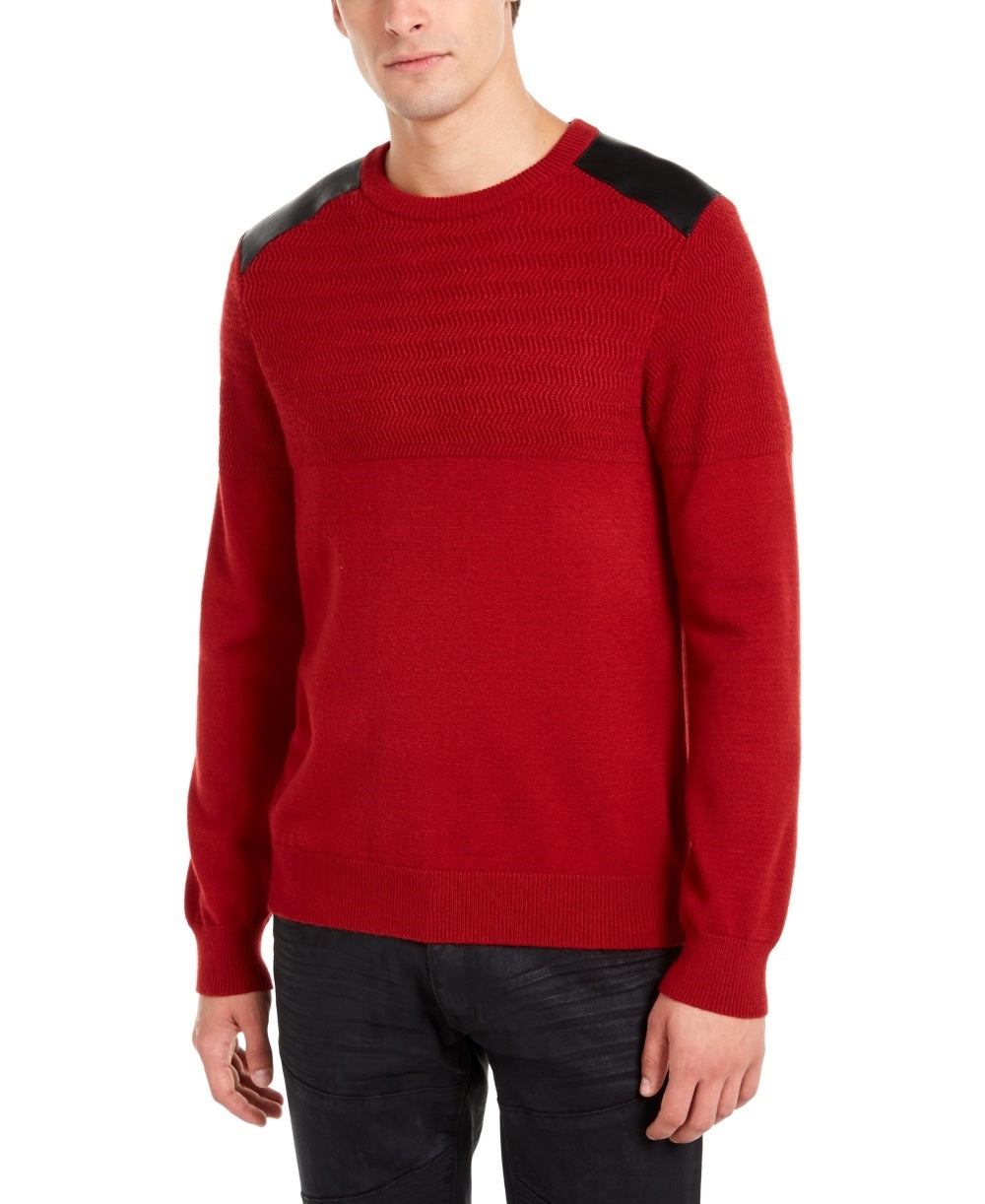 Guess Men's Herringbone Sweater With Faux Leather Piecing Red Size Large