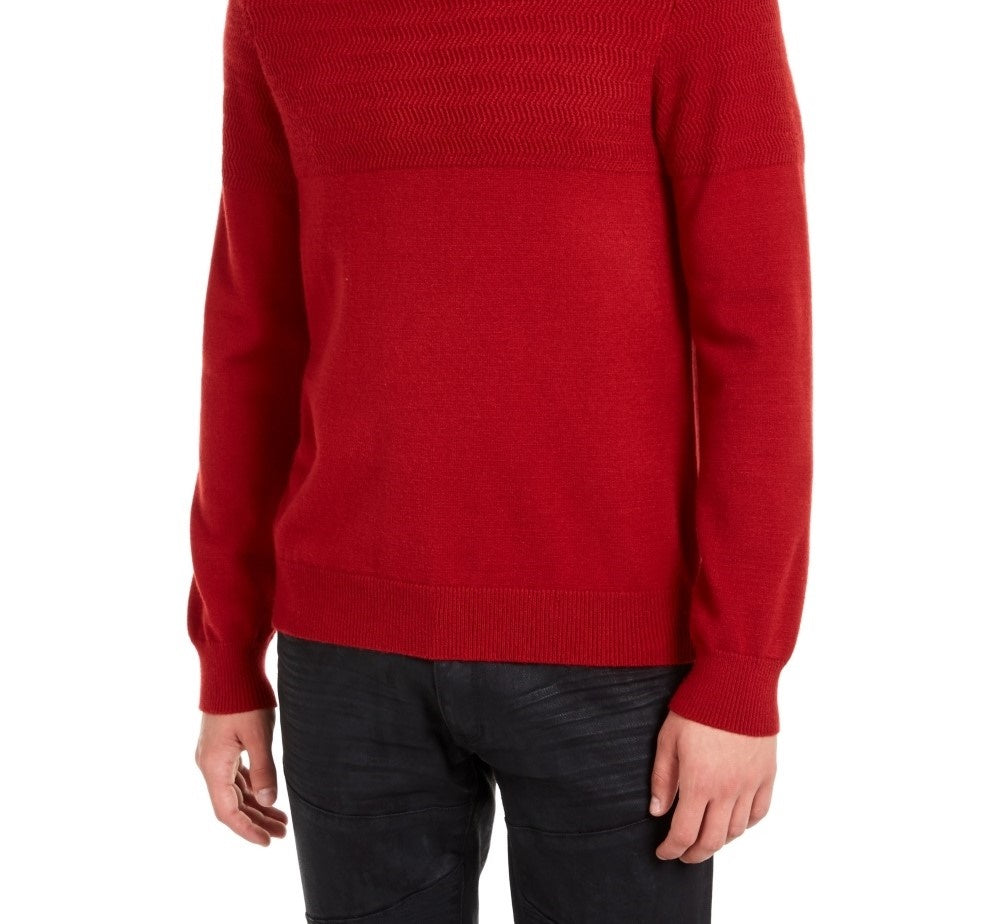 Guess Men's Herringbone Sweater With Faux Leather Piecing Red Size Large