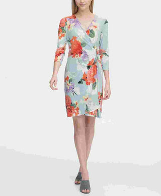 Calvin Klein Women's Floral Print Faux Wrap Dress Blue Size X-Large