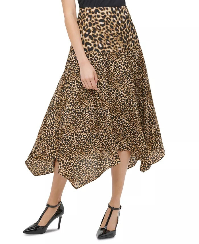 Calvin Klein Women's Leopard-Print Handkerchief-Hem Skirt Yellow Size 14