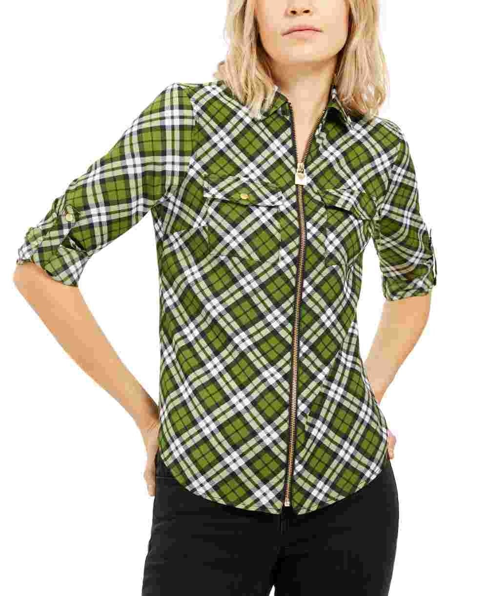 Michael Kors Women's Zippered Plaid Long Sleeve Collared Top Green Size Medium
