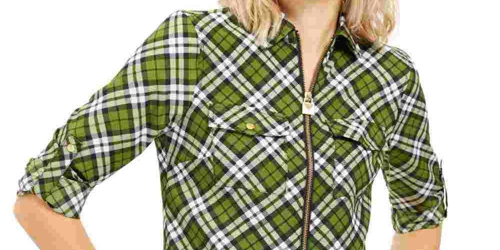 Michael Kors Women's Zippered Plaid Long Sleeve Collared Top Green Size Medium
