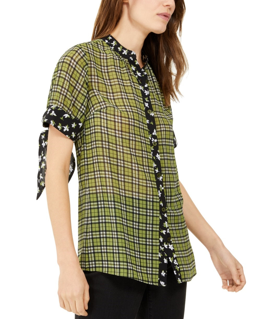Michael Kors Women's Plaid Jewel Neck Long Sleeve Casual Top Green Size X-Large