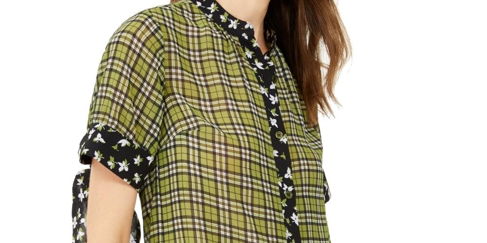 Michael Kors Women's Plaid Jewel Neck Long Sleeve Casual Top Green Size X-Large