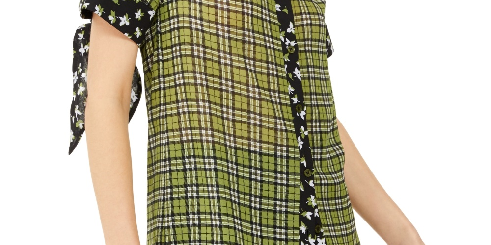Michael Kors Women's Plaid Jewel Neck Long Sleeve Casual Top Green Size X-Large