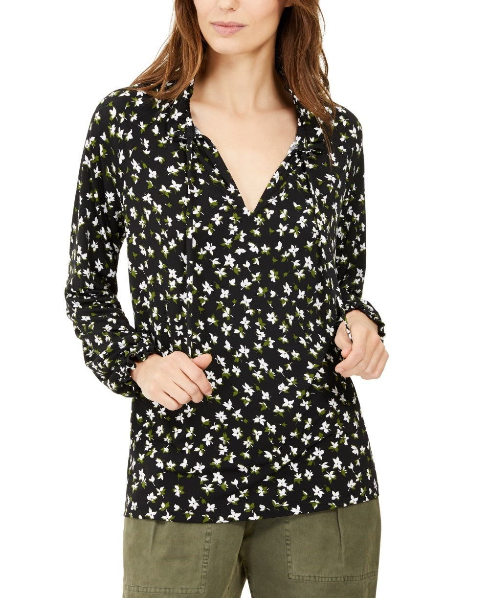 Michael Kors Women's Floral Tie Front Top Green Size X-Large