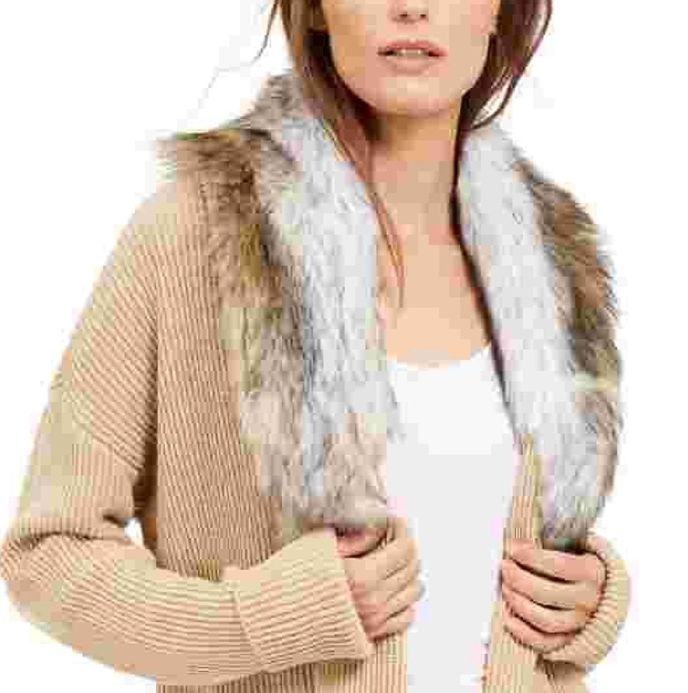 Michael Kors Women's Beige Faux Fur Tie Solid Long Sleeve Open Cardigan T-Shirt Sweater Beige Khaki Size X-Large