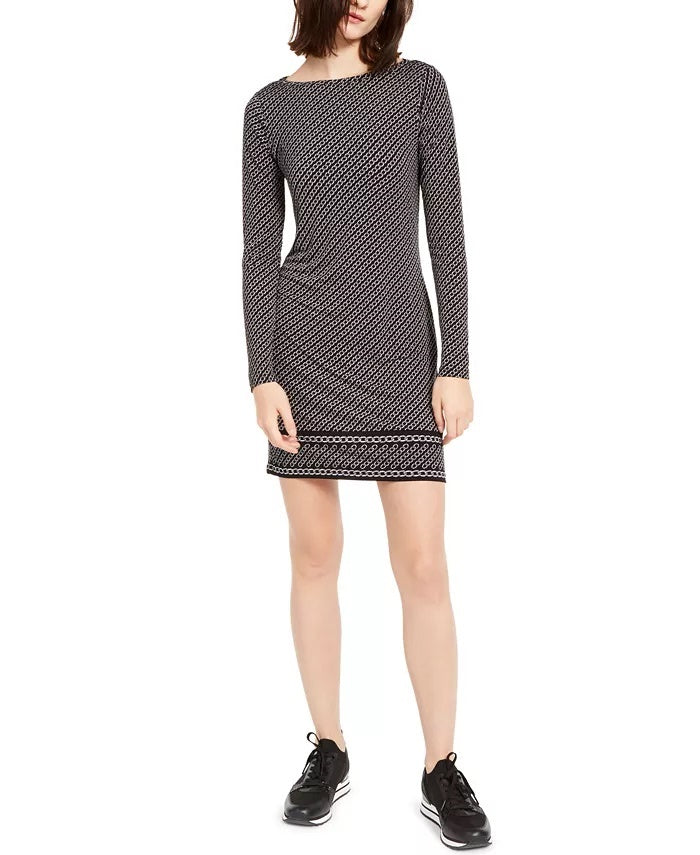 Michael Kors Women's Long-Sleeve Chain-Print Dress, Regular & Petite Sizes Gray Size Large