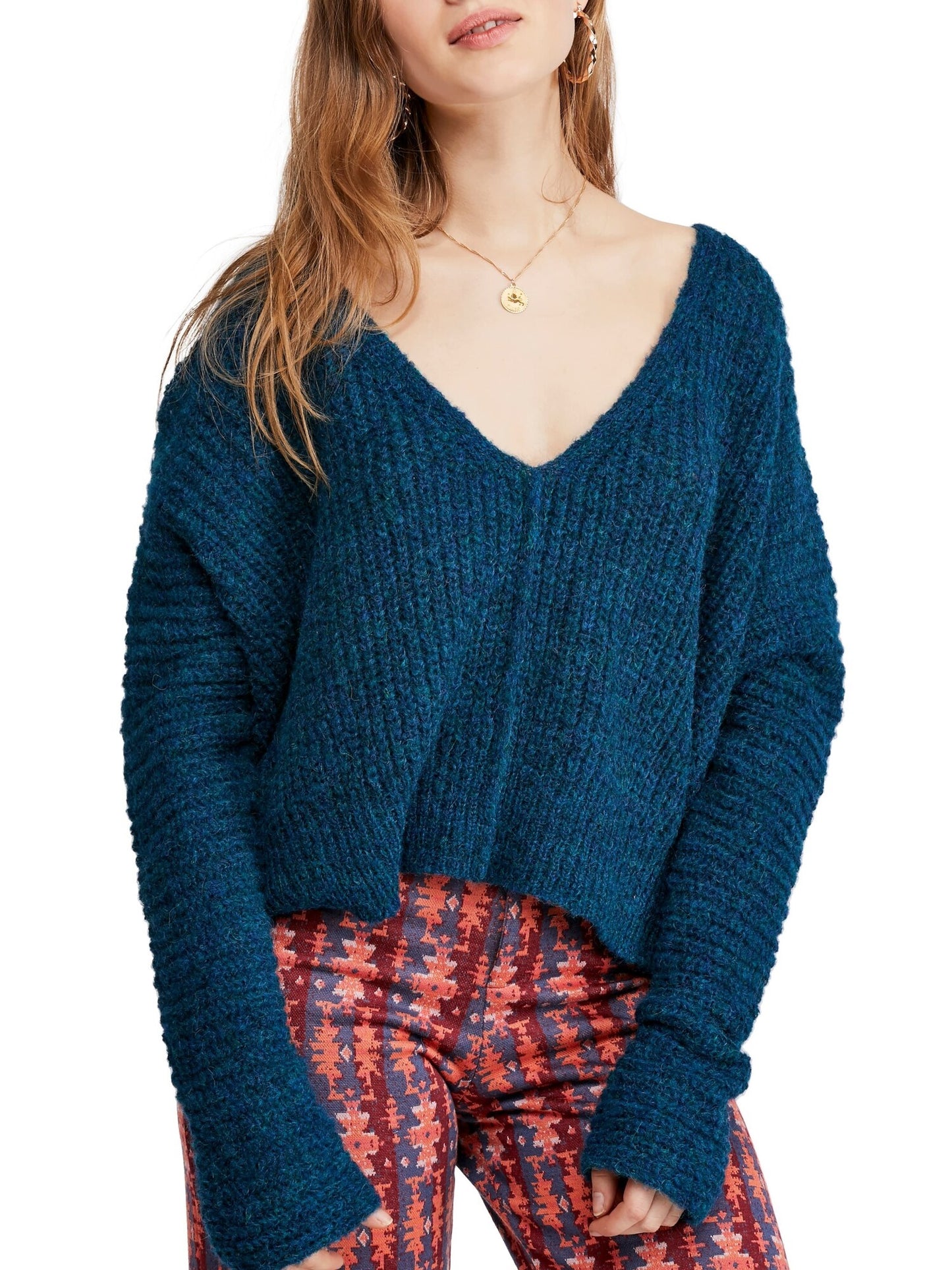 Free People Women's Blue Long Sleeve V Neck Sweater Blue Size Small