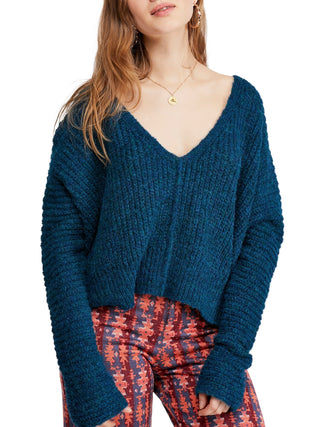 Free People Women's Blue Long Sleeve V Neck Sweater Blue Size Small