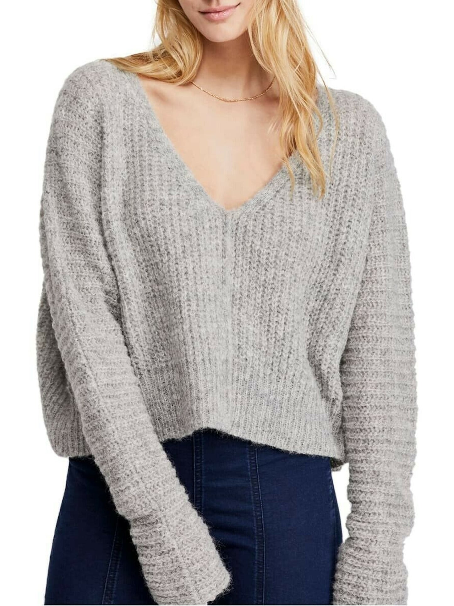 Free People Women's Long Sleeve V Neck Crop Top Top Grey Size Medium