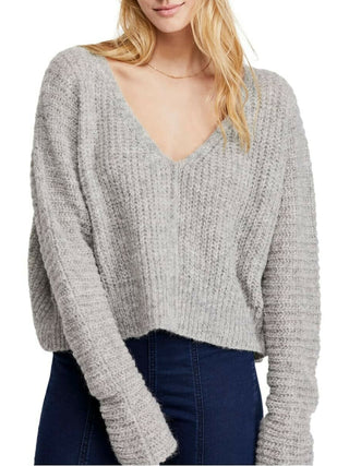 Free People Women's Long Sleeve V Neck Crop Top Top Grey Size Medium