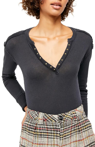Free People Women's Military Mix Henley Combo Charcoal Size Small