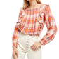 Free People Women's Ruffled Ruched Cut Out Plaid Long Sleeve Square Neck Top Pink Size Small