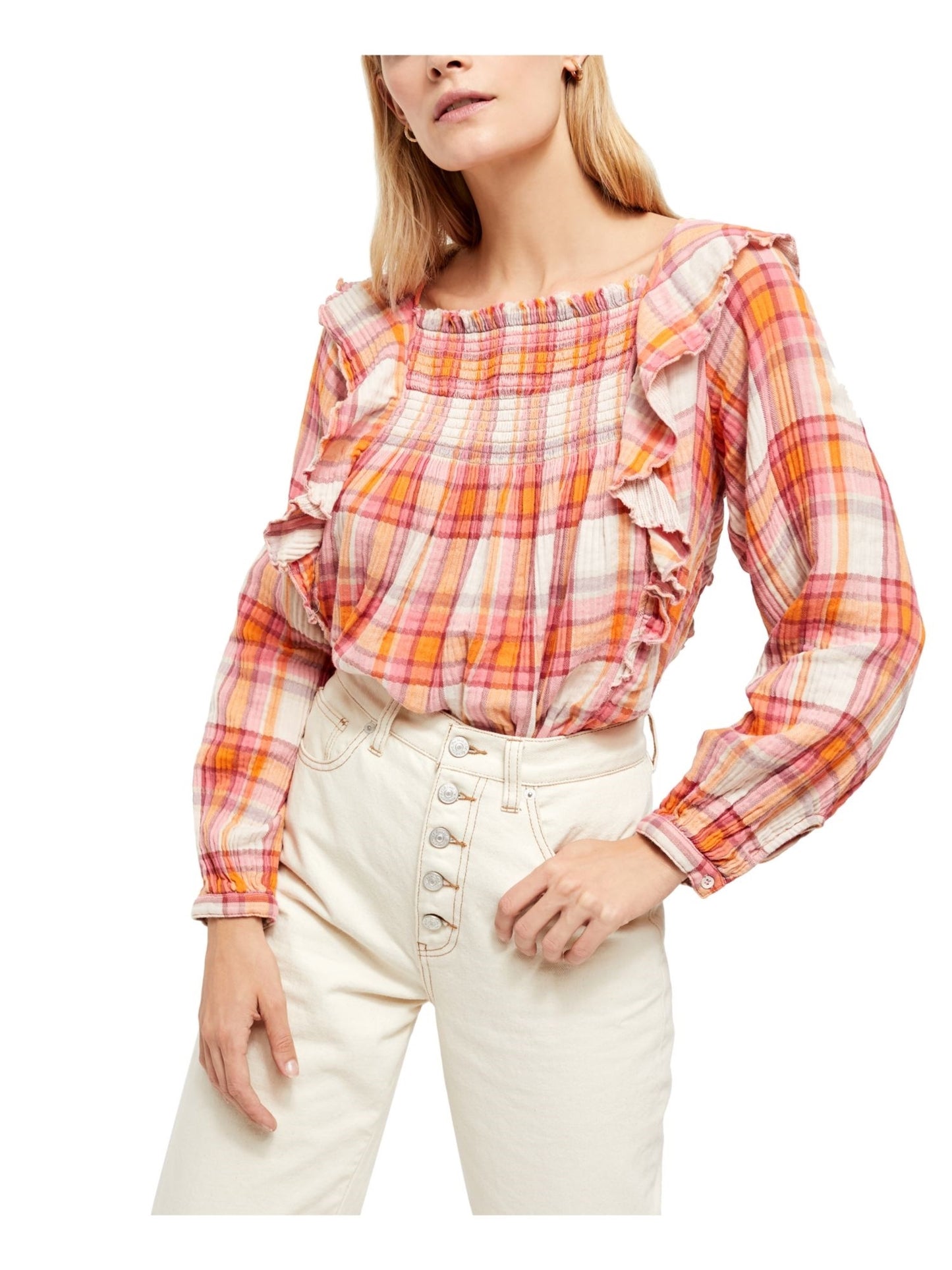 Free People Women's Ruffled Ruched Cut Out Plaid Long Sleeve Square Neck Top Pink Size Small
