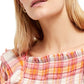 Free People Women's Ruffled Ruched Cut Out Plaid Long Sleeve Square Neck Top Pink Size Small