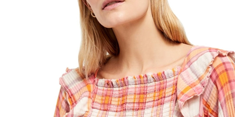 Free People Women's Ruffled Ruched Cut Out Plaid Long Sleeve Square Neck Top Pink Size Small
