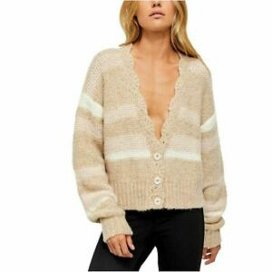 Free People Women's Striped Long Sleeve Open Cardigan Sweater White Size Small