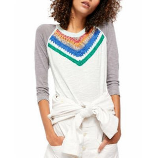 Free People Women's Spring Bound Crochet Yoke Top Navy Size Large