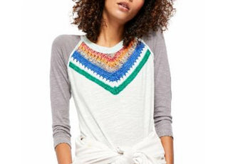 Free People Women's Spring Bound Crochet Yoke Top Navy Size Large