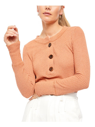 Free People Women's Brown Long Sleeve Jewel Neck Top Pink Size Medium