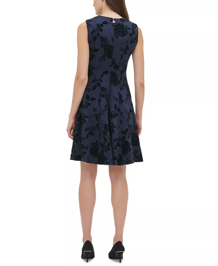 Tommy Hilfiger Women's Petite Flocked Velvet Fit & Flare Dress Black Size 2 P
