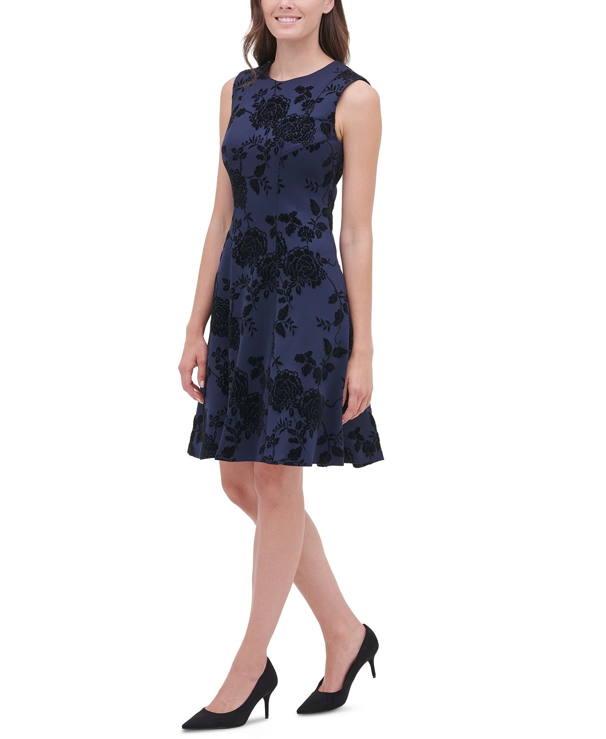 Tommy Hilfiger Women's Petite Flocked Velvet Fit & Flare Dress Black Size 2 P