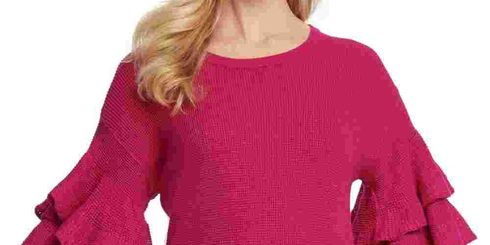 DKNY Women's Metallic Ruffle-Sleeve Sweater Pink Size X-Large
