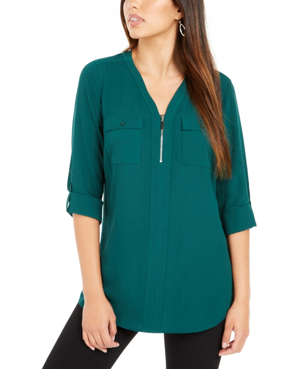 NY Collection Women's Utility Top Dark Green Size Petite Large