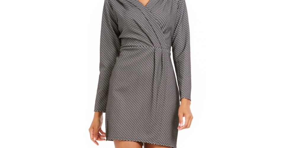 NY Collection Women's Faux Wrap Sheath Dress Grey Size Petite Medium