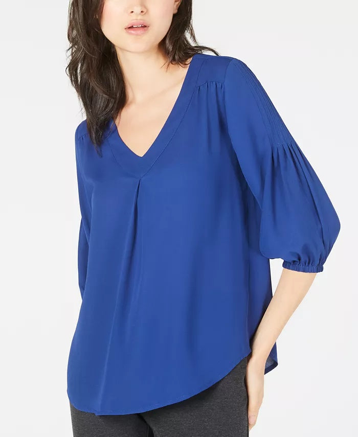 NY Collection Women's Pintucked 3/4 Sleeve Top Navy Size Petite Small