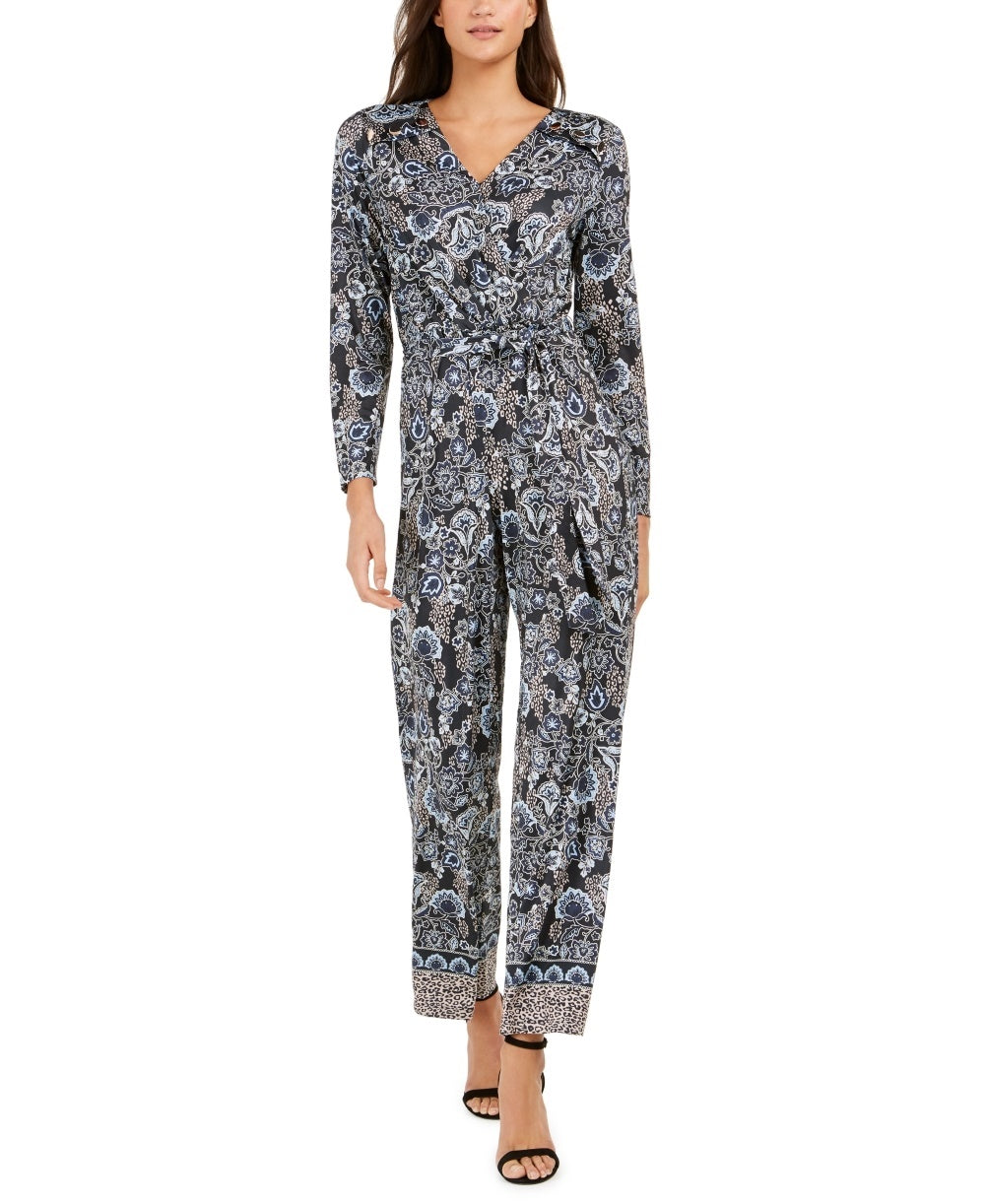 NY Collection Women's Button Trim Printed Jumpsuit Black Size Petite Medium