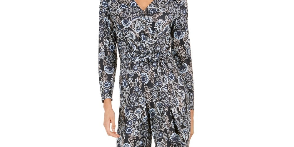 NY Collection Women's Button Trim Printed Jumpsuit Black Size Petite Medium
