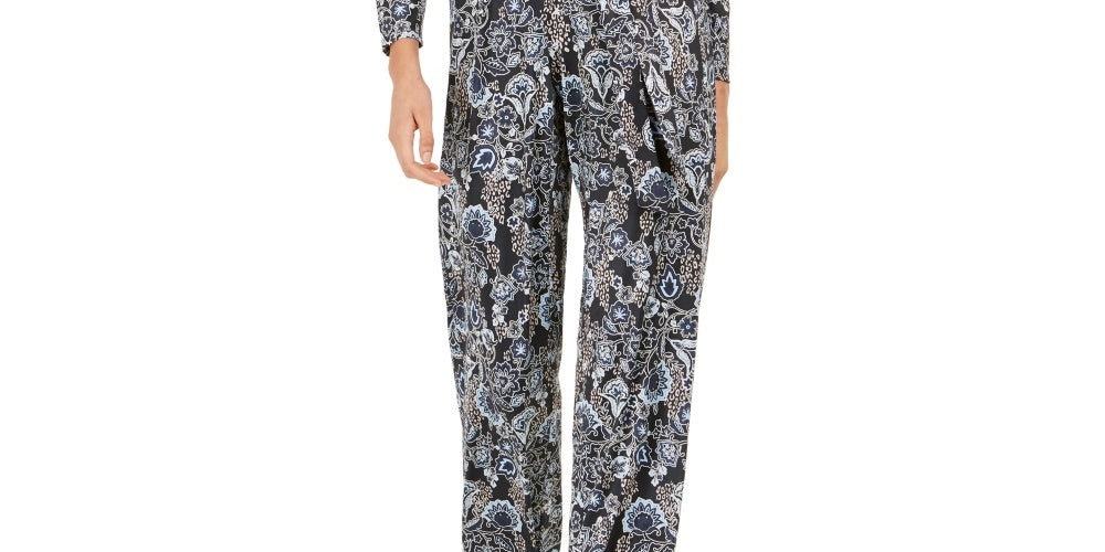 NY Collection Women's Button Trim Printed Jumpsuit Black Size Petite Medium