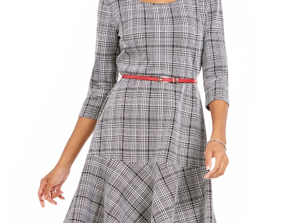 NY Collection Women's Plaid Fit & Flare Dress Black Size Petite Large