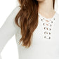 Pink Rose Junior's Lace Up Ribbed Top White Size Large