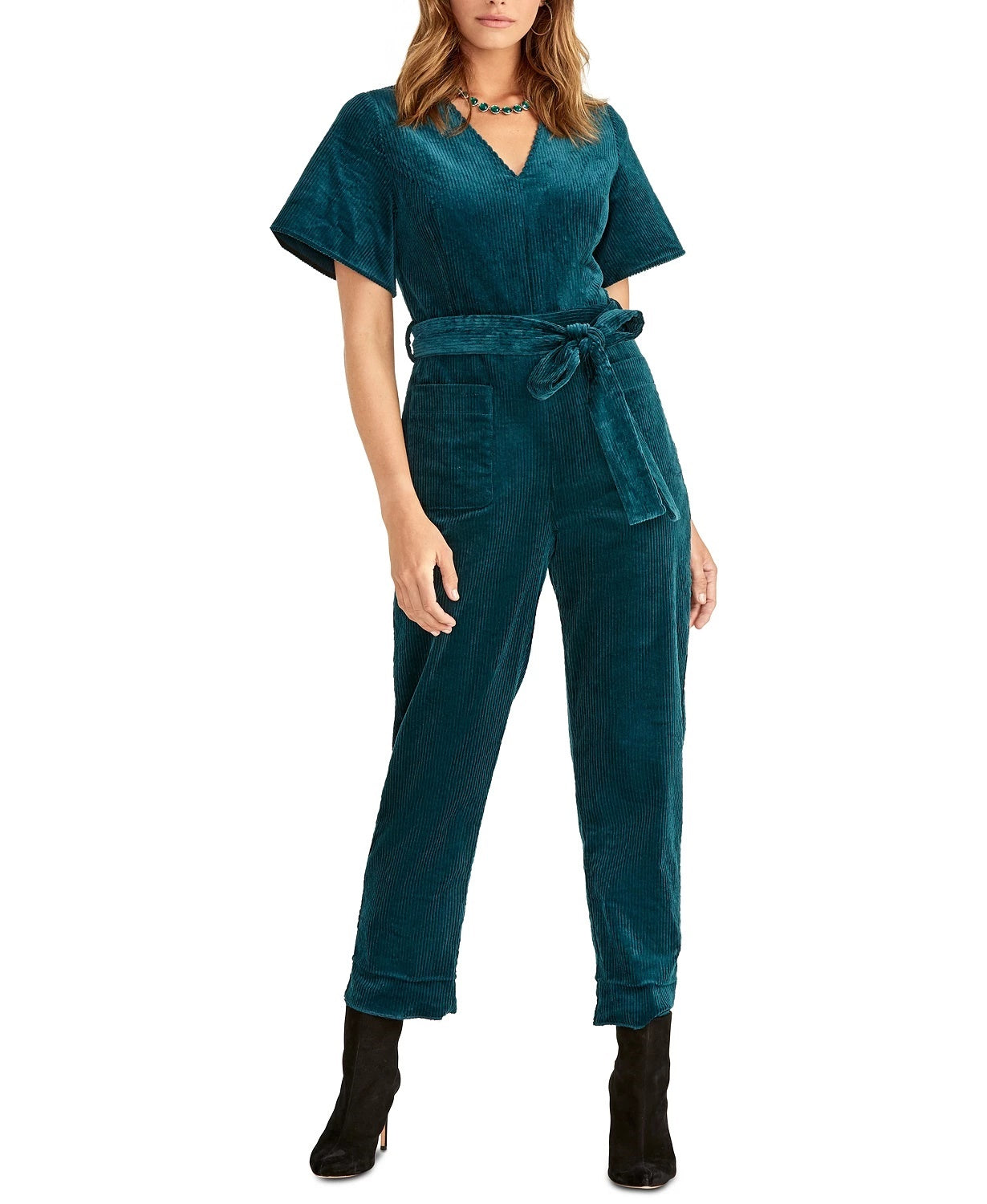 Rachel Roy Women's Teal Corduroy Zippered Bell Sleeve V Neck Party Jumpsuit  Size 6 Bright Blue Size 6