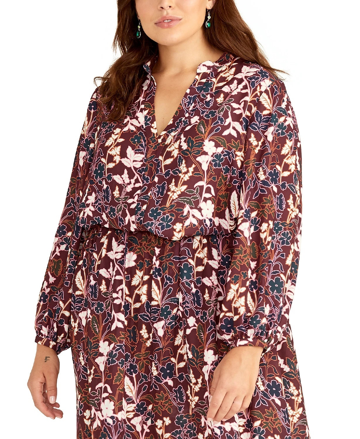 Rachel Roy Women's Floral Long Sleeve V Neck Top Red Size 1X