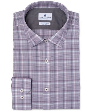 Ryan Seacrest Distinction Men's Ultimate Slim-Fit Non-Iron Performance Stretch Plaid Dress Shirt  Purple Size 32-33