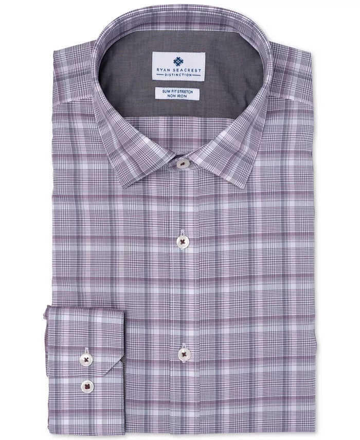 Ryan Seacrest Distinction Men's Ultimate Slim Fit Non Iron Performance Stretch Plaid Dress Shirt Purple Size 15X32X33