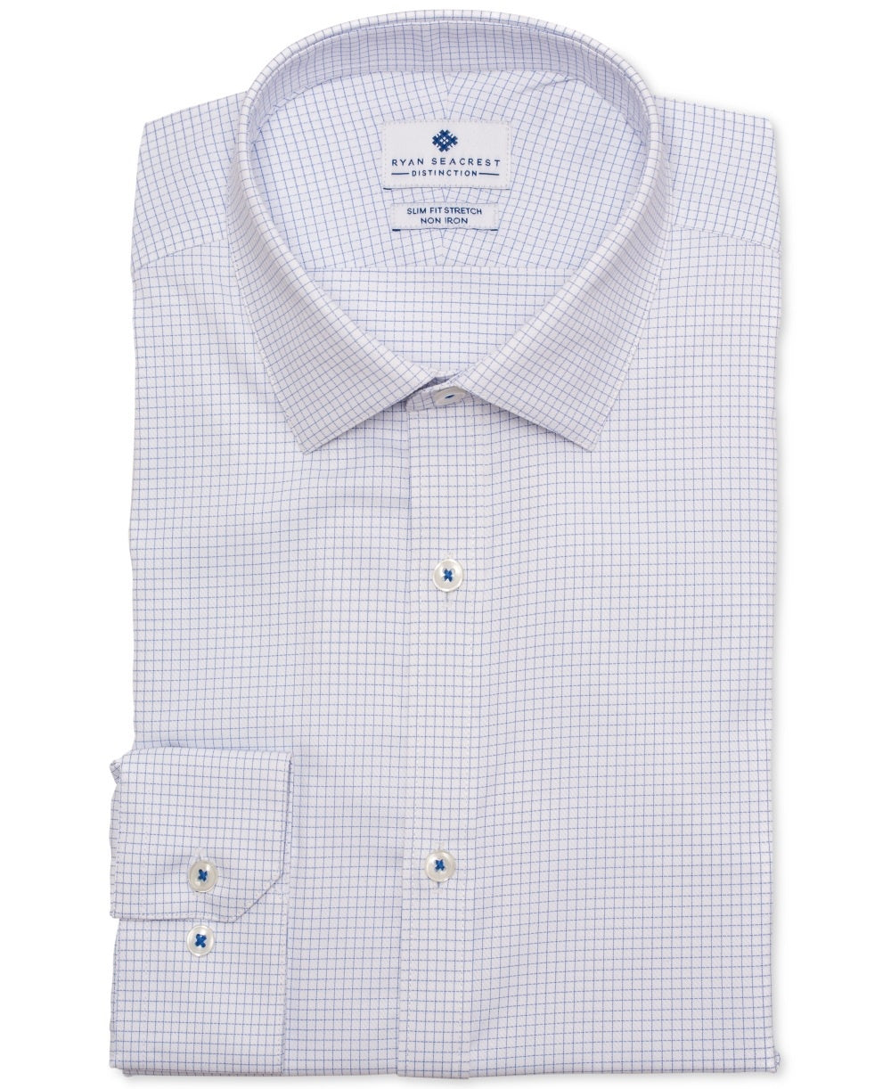 Ryan Seacrest Distinction Men's Dress Shirt Grid Slim Fit Blue Size 15X34X35