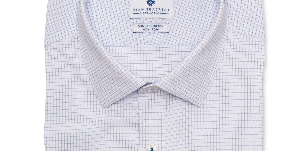 Ryan Seacrest Distinction Men's Dress Shirt Grid Slim Fit Blue Size 15X34X35