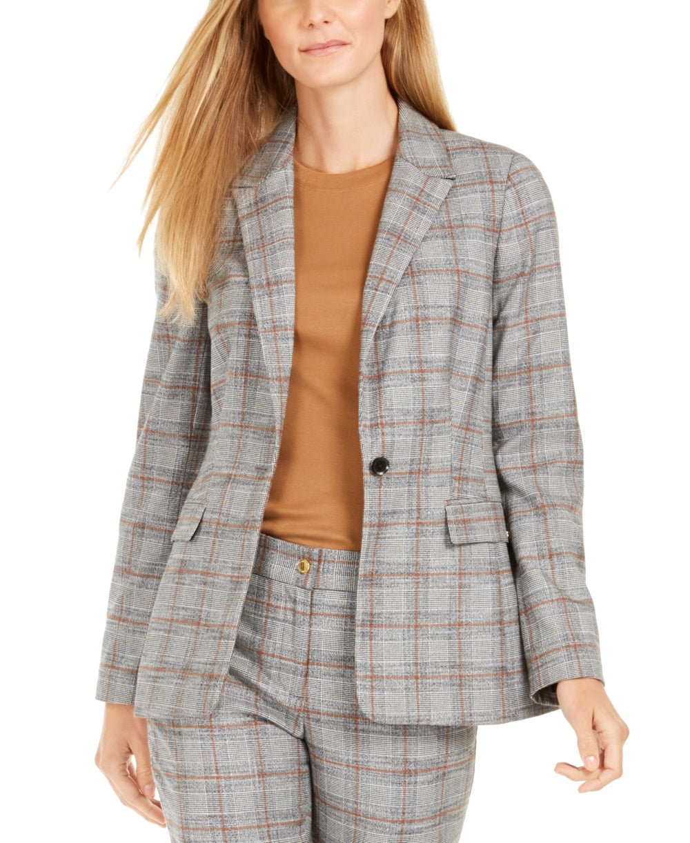 Calvin Klein Women's One-Button Plaid Blazer Brown Size 10