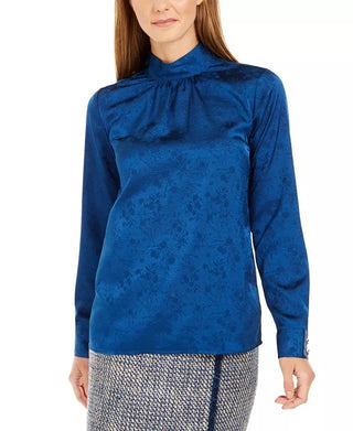 Calvin Klein Women's Printed Mock-Neck Top Blue Size X-Large
