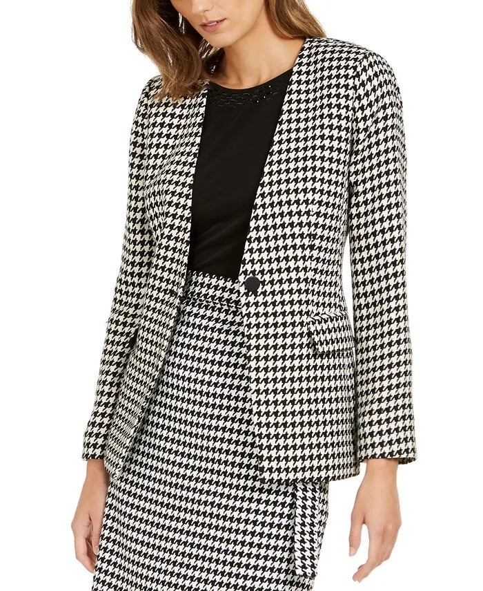 Calvin Klein Women's Houndstooth Print Single Button Blazer Grey Size 10