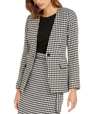 Calvin Klein Women's Houndstooth Print Single Button Blazer Grey Size 10