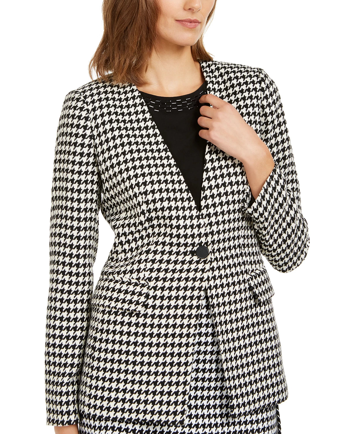 Calvin Klein Women's Houndstooth Print Single Button Blazer Grey Size 8