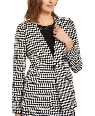 Calvin Klein Women's Houndstooth Print Single Button Blazer Grey Size 8